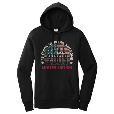 13th Birthday Gift Boys Vintage 2009 13 Years Old USA Flag Women's Pullover Hoodie