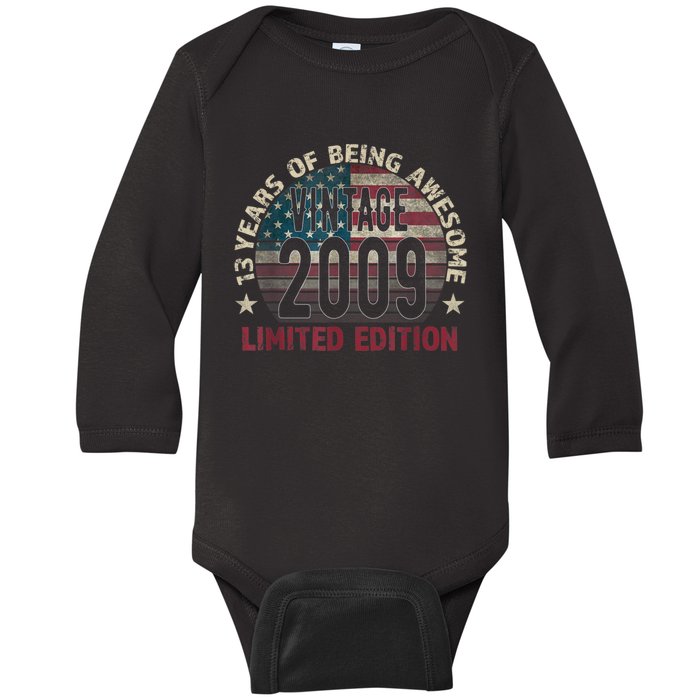 13th Birthday Gift Boys Vintage 2009 13 Years Old USA Flag Baby Long Sleeve Bodysuit