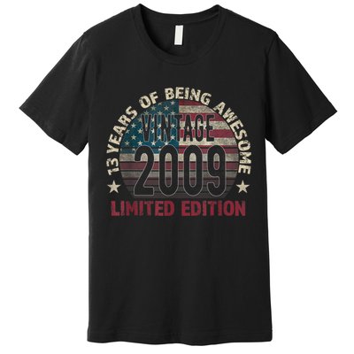 13th Birthday Gift Boys Vintage 2009 13 Years Old USA Flag Premium T-Shirt