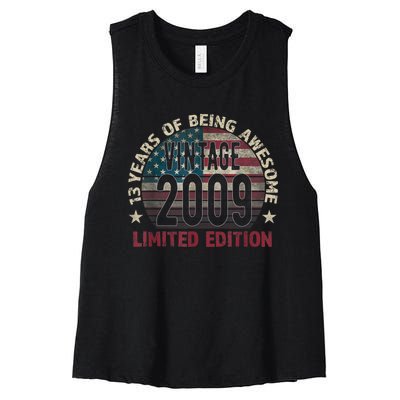 13th Birthday Gift Boys Vintage 2009 13 Years Old USA Flag Women's Racerback Cropped Tank