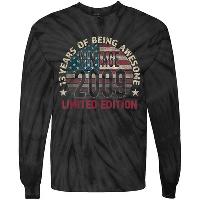 13th Birthday Gift Boys Vintage 2009 13 Years Old USA Flag Tie-Dye Long Sleeve Shirt