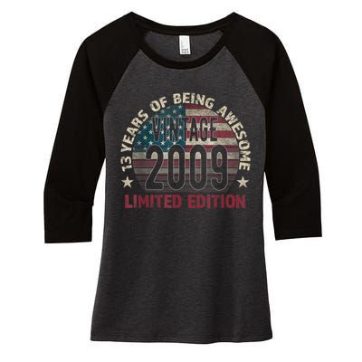 13th Birthday Gift Boys Vintage 2009 13 Years Old USA Flag Women's Tri-Blend 3/4-Sleeve Raglan Shirt