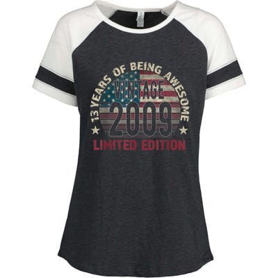 13th Birthday Gift Boys Vintage 2009 13 Years Old USA Flag Enza Ladies Jersey Colorblock Tee