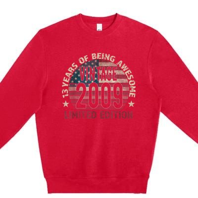 13th Birthday Gift Boys Vintage 2009 13 Years Old USA Flag Premium Crewneck Sweatshirt