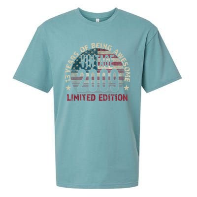 13th Birthday Gift Boys Vintage 2009 13 Years Old USA Flag Sueded Cloud Jersey T-Shirt