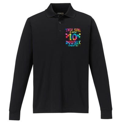 10th Birthday Gift This Is Now 10 Tie Dye Double Digits Performance Long Sleeve Polo