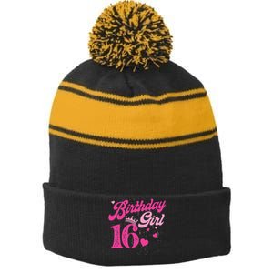 16th Birthday Girl Crown 16 Years Old Bday Stripe Pom Pom Beanie