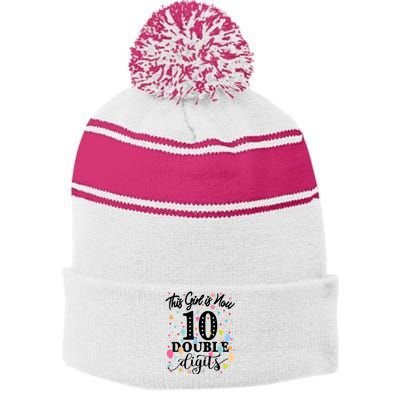 10th Birthday Gifts Shirt This Girl Is Now 10 Double Digits Stripe Pom Pom Beanie