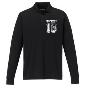 16th Birthday Gift Sweet Sixteen 16 Cracked Grunge Performance Long Sleeve Polo