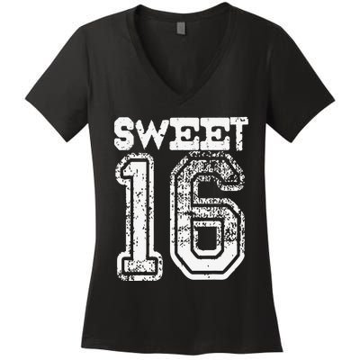 16th Birthday Gift Sweet Sixteen 16 Cracked Grunge Women's V-Neck T-Shirt