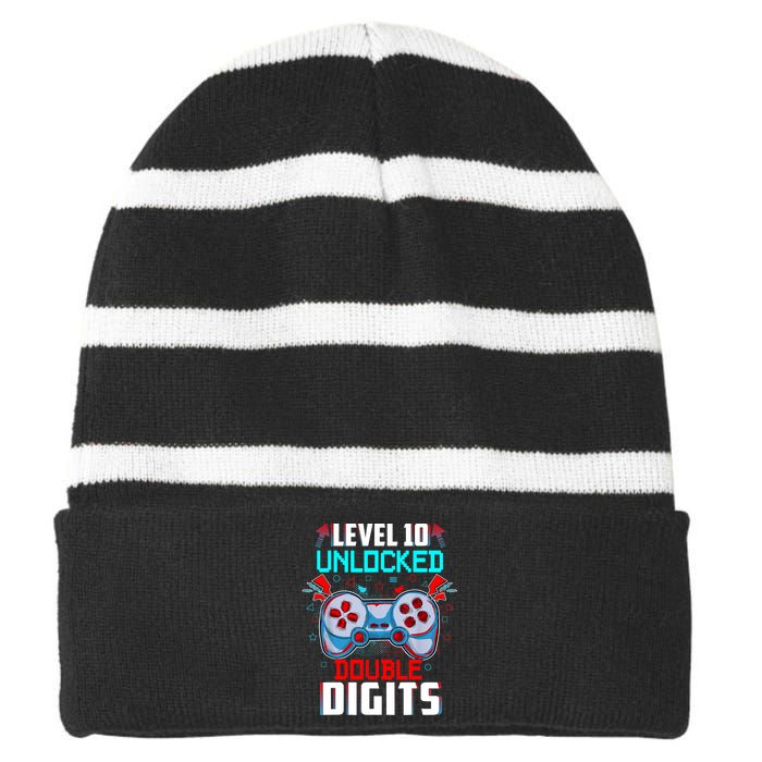 10th Birthday Gift For Boys Double Digits 10 Year Old Gifts Gamer Gift Striped Beanie with Solid Band