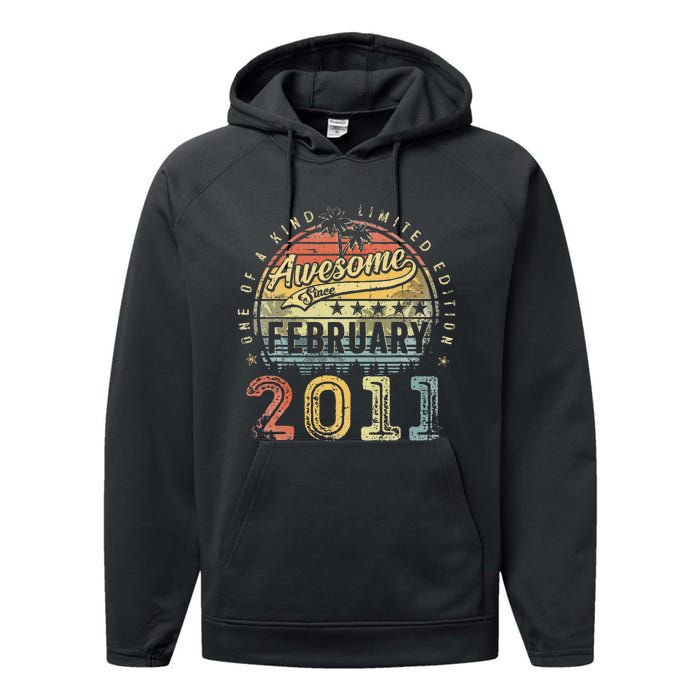 12th Birthday Gift Awesome Since February 2011 12 Year Old Performance Fleece Hoodie