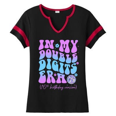 10th Birthday  In My Double Digits Era Groovy Retro Ladies Halftime Notch Neck Tee