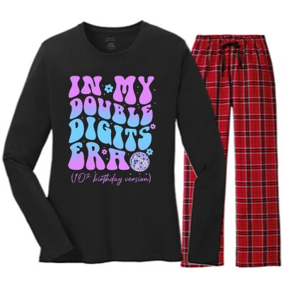 10th Birthday  In My Double Digits Era Groovy Retro Women's Long Sleeve Flannel Pajama Set 