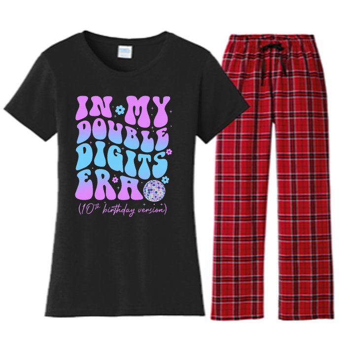 10th Birthday  In My Double Digits Era Groovy Retro Women's Flannel Pajama Set