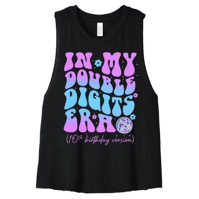 10th Birthday  In My Double Digits Era Groovy Retro Women's Racerback Cropped Tank