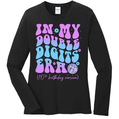 10th Birthday  In My Double Digits Era Groovy Retro Ladies Long Sleeve Shirt