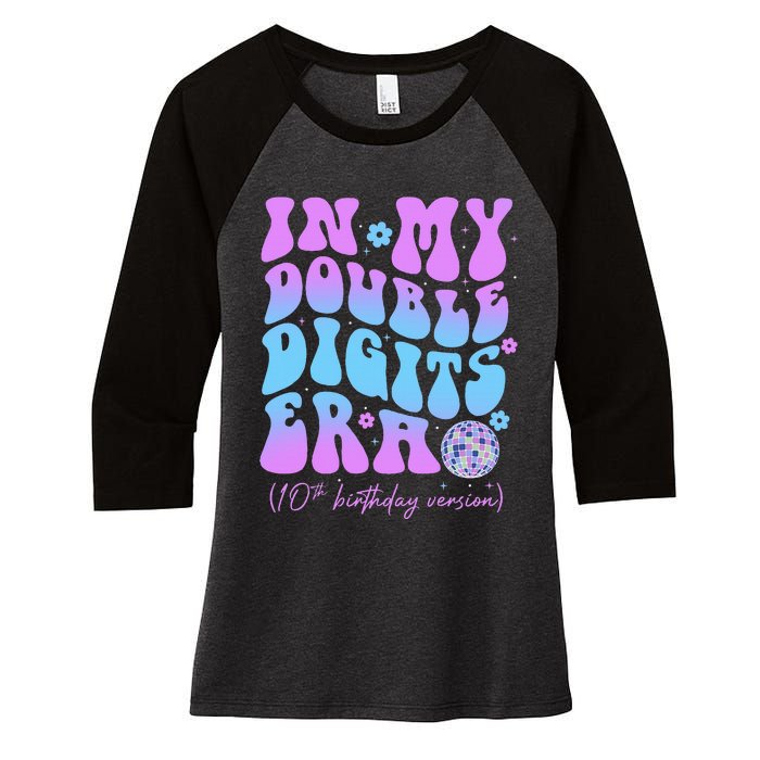 10th Birthday  In My Double Digits Era Groovy Retro Women's Tri-Blend 3/4-Sleeve Raglan Shirt