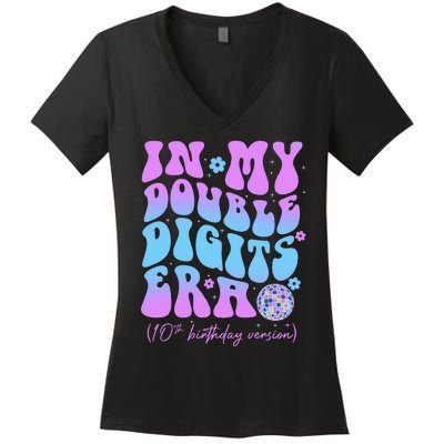 10th Birthday  In My Double Digits Era Groovy Retro Women's V-Neck T-Shirt