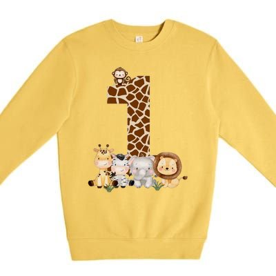 1st Birthday Jungle Animals Safari Giraffe Zebra Lion Wild Premium Crewneck Sweatshirt