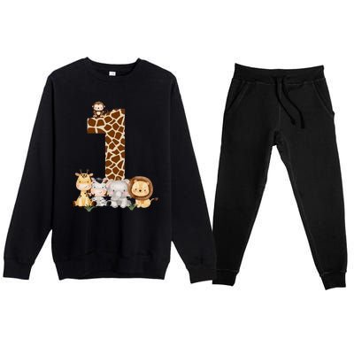 1st Birthday Jungle Animals Safari Giraffe Zebra Lion Wild Premium Crewneck Sweatsuit Set