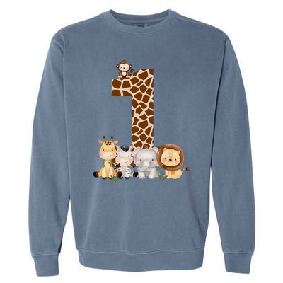 1st Birthday Jungle Animals Safari Giraffe Zebra Lion Wild Garment-Dyed Sweatshirt