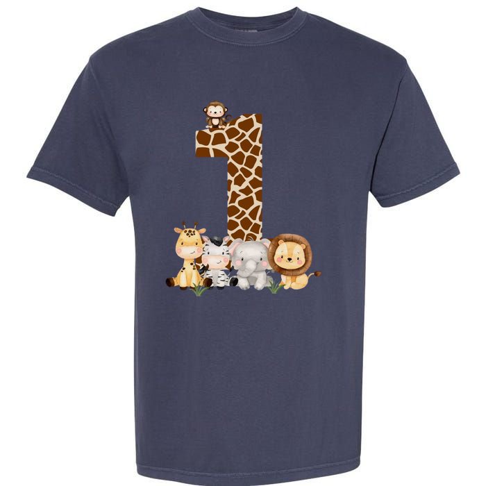 1st Birthday Jungle Animals Safari Giraffe Zebra Lion Wild Garment-Dyed Heavyweight T-Shirt