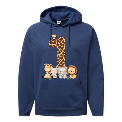 1st Birthday Jungle Animals Safari Giraffe Zebra Lion Wild Performance Fleece Hoodie