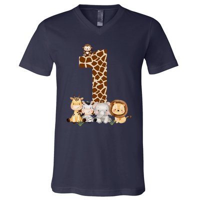 1st Birthday Jungle Animals Safari Giraffe Zebra Lion Wild V-Neck T-Shirt