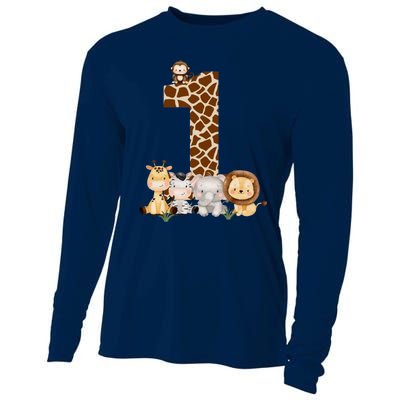 1st Birthday Jungle Animals Safari Giraffe Zebra Lion Wild Cooling Performance Long Sleeve Crew