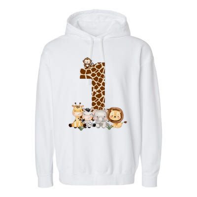 1st Birthday Jungle Animals Safari Giraffe Zebra Lion Wild Garment-Dyed Fleece Hoodie