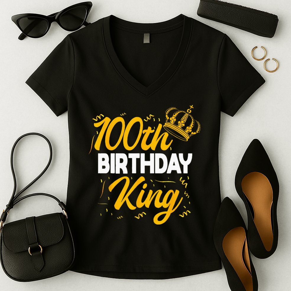 100th Birthday King Party Crown Bday Celebration Women's V-Neck T-Shirt