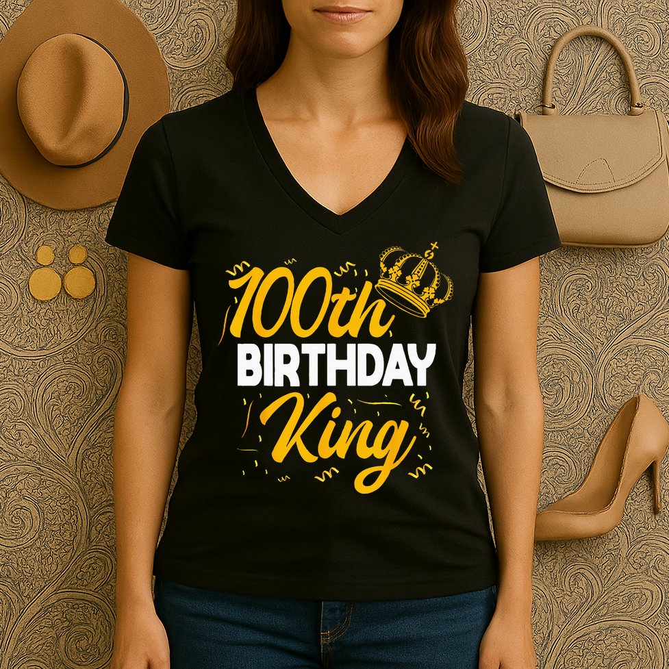 100th Birthday King Party Crown Bday Celebration Women's V-Neck T-Shirt