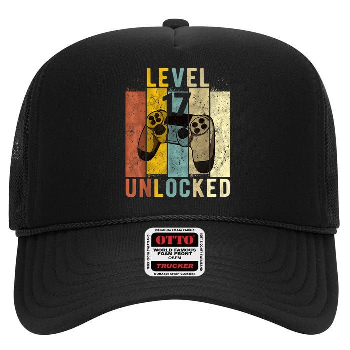 17th Birthday Level 17 Unlocked Video Gamer High Crown Mesh Back Trucker Hat