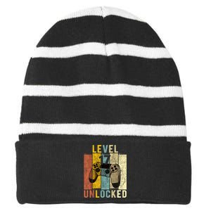 17th Birthday Level 17 Unlocked Video Gamer Striped Beanie with Solid Band