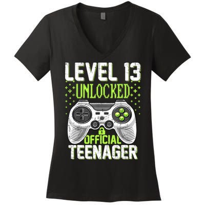 13th Birthday Level 13 Unlocked Funny Teenager Game Women's V-Neck T-Shirt
