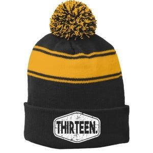 13th Birthday Of Boy Or Girl 13 Years Old Thirteen Stripe Pom Pom Beanie