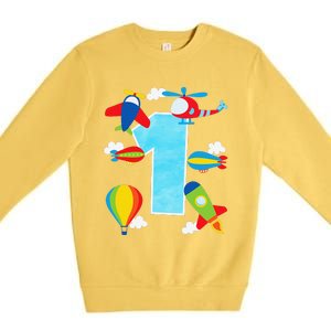 1st Birthday Plane Hot Air Balloon Helicopter Number 1 Premium Crewneck Sweatshirt