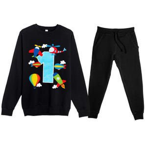 1st Birthday Plane Hot Air Balloon Helicopter Number 1 Premium Crewneck Sweatsuit Set