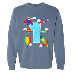 1st Birthday Plane Hot Air Balloon Helicopter Number 1 Garment-Dyed Sweatshirt