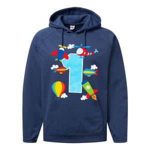 1st Birthday Plane Hot Air Balloon Helicopter Number 1 Performance Fleece Hoodie