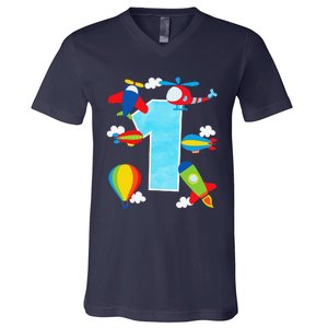 1st Birthday Plane Hot Air Balloon Helicopter Number 1 V-Neck T-Shirt