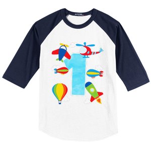 1st Birthday Plane Hot Air Balloon Helicopter Number 1 Baseball Sleeve Shirt