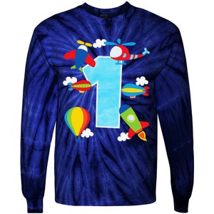 1st Birthday Plane Hot Air Balloon Helicopter Number 1 Tie-Dye Long Sleeve Shirt