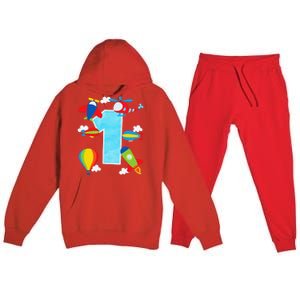 1st Birthday Plane Hot Air Balloon Helicopter Number 1 Premium Hooded Sweatsuit Set