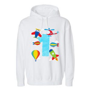 1st Birthday Plane Hot Air Balloon Helicopter Number 1 Garment-Dyed Fleece Hoodie