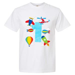 1st Birthday Plane Hot Air Balloon Helicopter Number 1 Garment-Dyed Heavyweight T-Shirt