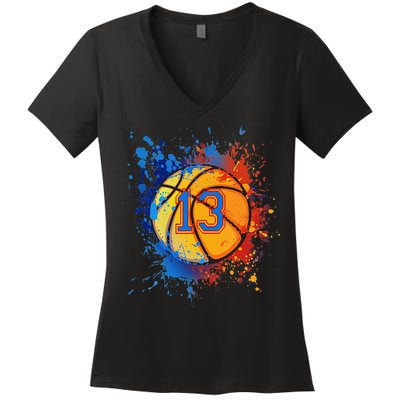 13th Birthday Party Thirteen 13 Year Old Basketball Bday Women's V-Neck T-Shirt