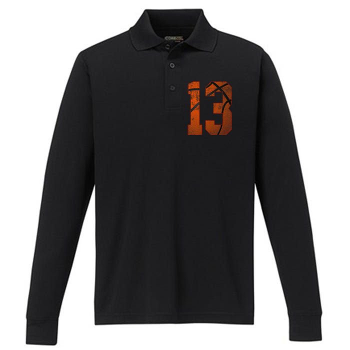 13th Birthday Party Thirteen 13 Year Old Basketball Bday Performance Long Sleeve Polo