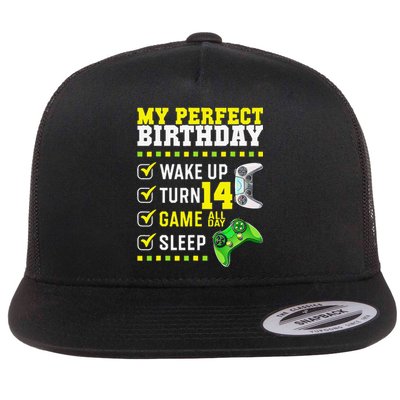 14th Birthday Party Perfect For Gamer 14 Years Olds Flat Bill Trucker Hat